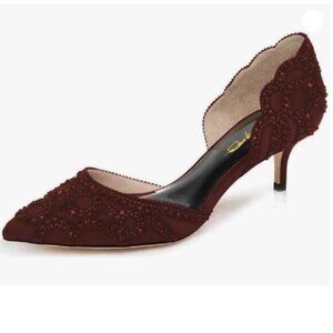XYD Women's Pumps, Elegant Pointed Toe, Kitten Low Heels, Rhinestone Studs Red